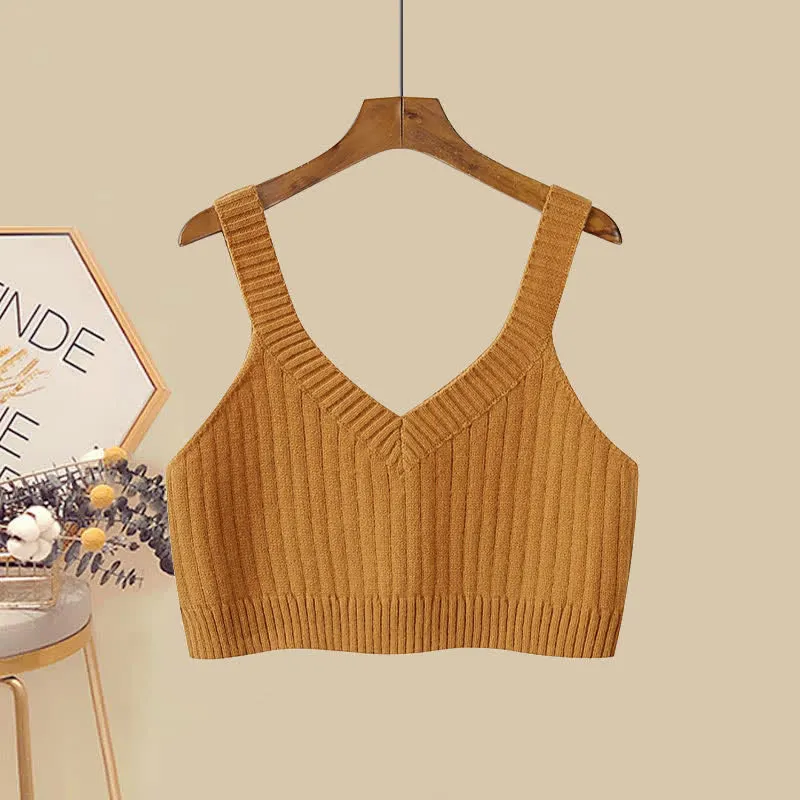 Pure Color V-neck Knit Vest Shirt Lace Up Wide Leg Pants
