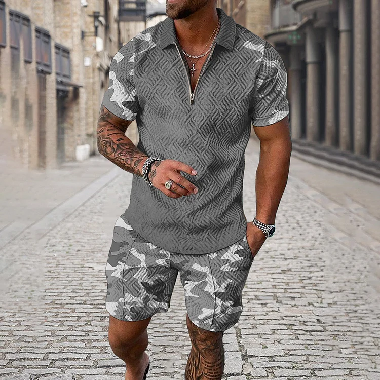 Broswear Men's Camouflage Sleeve Polo Shirt And Shorts Co-Ord
