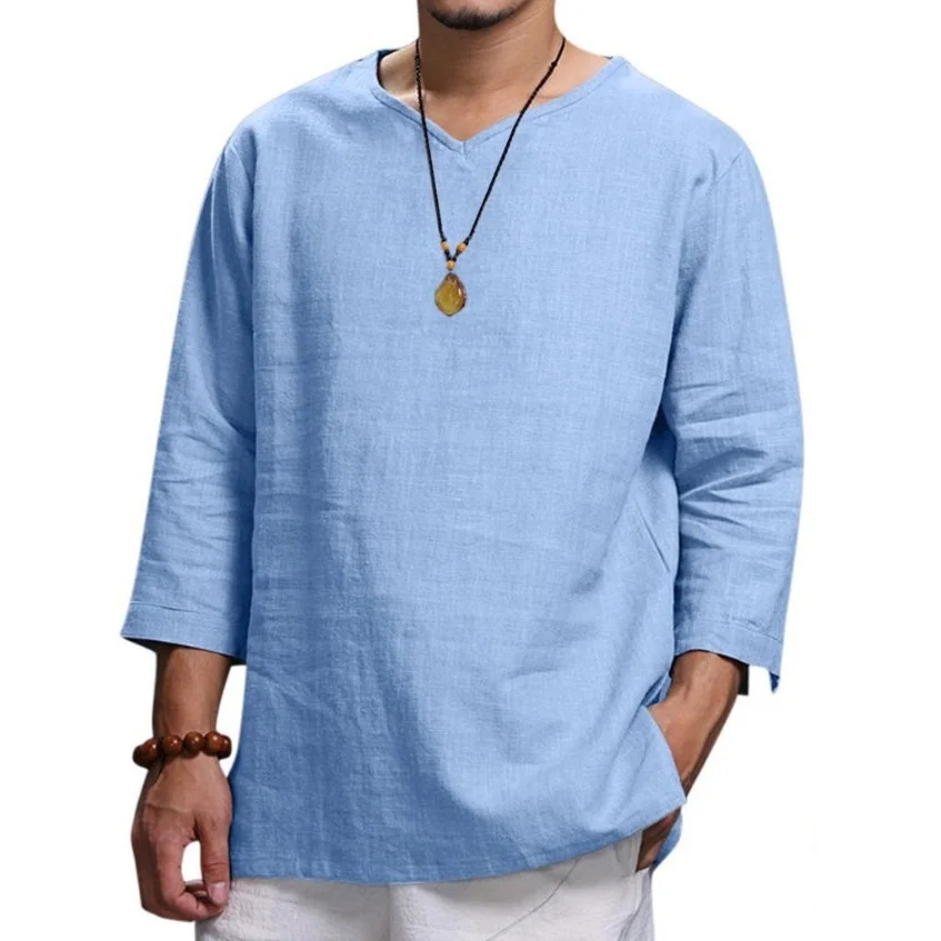 Long-Sleeved V-Neck Cotton Linen Loose Shirt