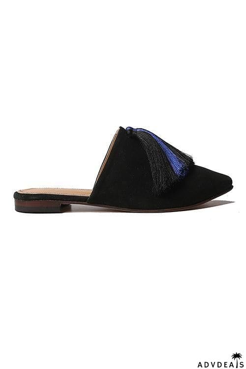 Tassels Denim Flat Mule