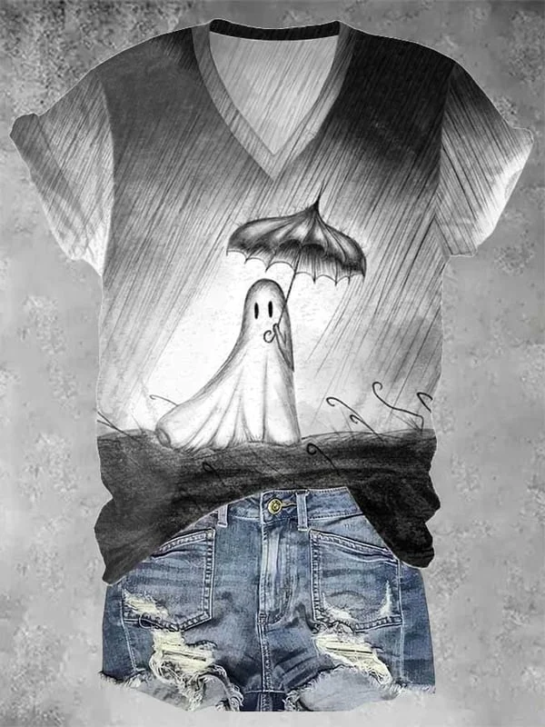 Women's Casual Ghost Art Printed Short Sleeve T-Shirt