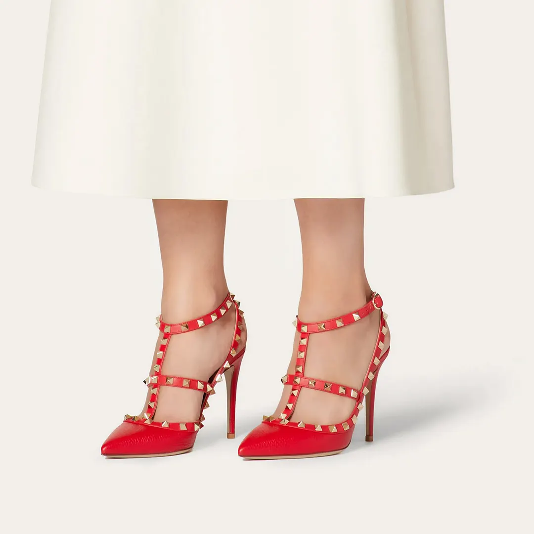 3.94" Middle Heels Rivets Sandals Red Lines-vocosishoes