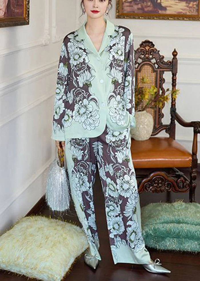 Diy Colorblock Peter Pan Collar Print Ice Silk Pajamas Two Pieces Set Spring