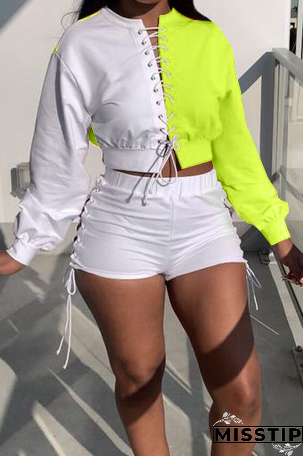 Fluorescent Green Sportswear Print Hollowed Out Patchwork Frenulum Neck Long Sleeve Two