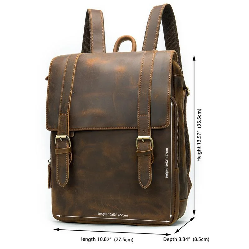 Distinct Vintage Look Genuine Leather Foldover Top Antique Brass Hardware Backpack