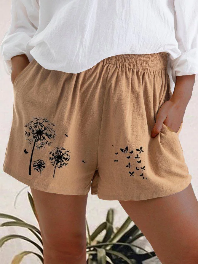 Loose summer high waist dandelion print casual cotton and linen pocket shorts