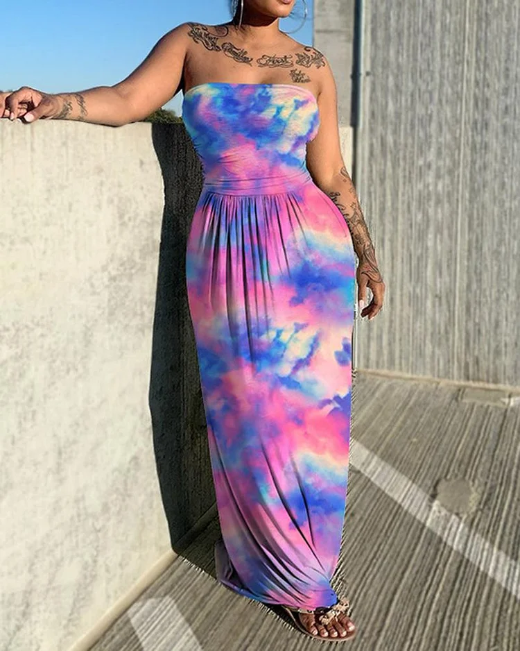Printed Tie-dye Wrap Breast Dress