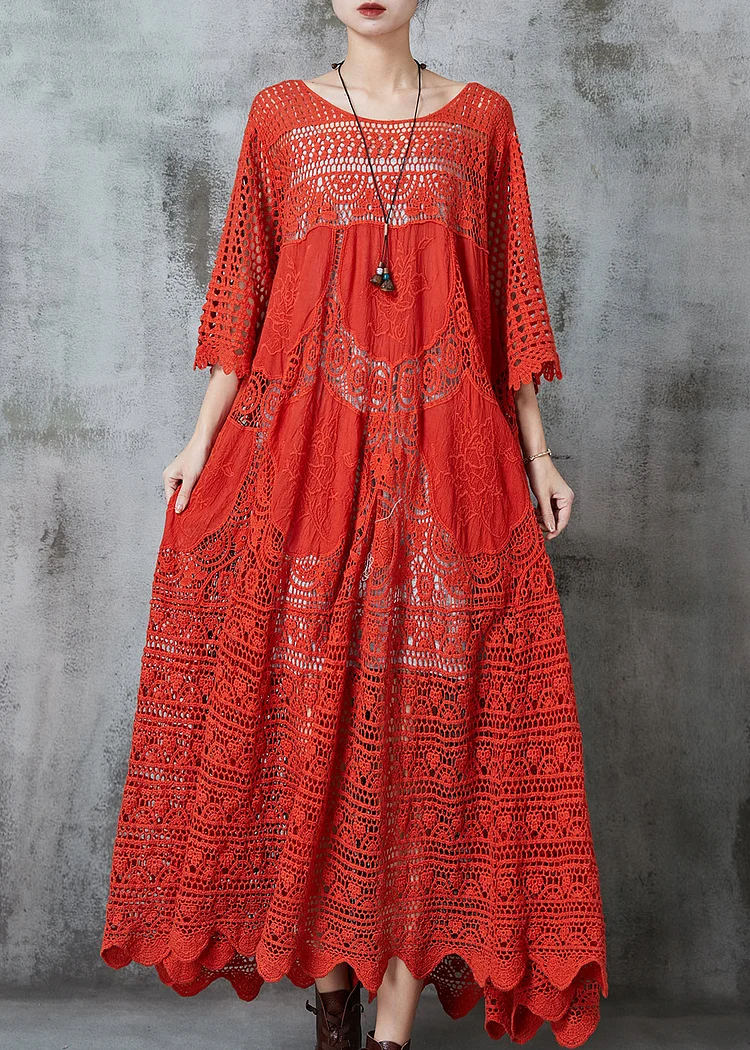 Women Red Oversized Hollow Out Cotton Holiday Dress Summer