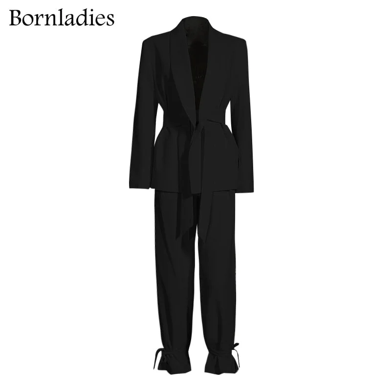 Bornladies Women Set Lapel Collar Long Sleeve Loose Belt Blazer Coat High Waist Pants Legs Adjustable Pants Female Casual Set