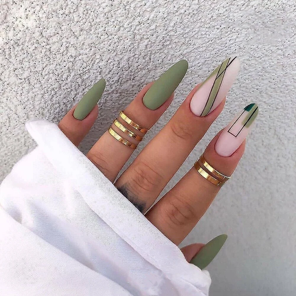 24pcs false nails matte Green Nails Patch Glue Type Removable Long Paragraph Fashion Manicure False Nails Patch Manicure Tool