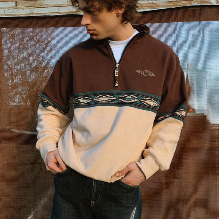 Men's Loose Casual Retro College Style Half-open Collar Stitching Printed Sweatshirt