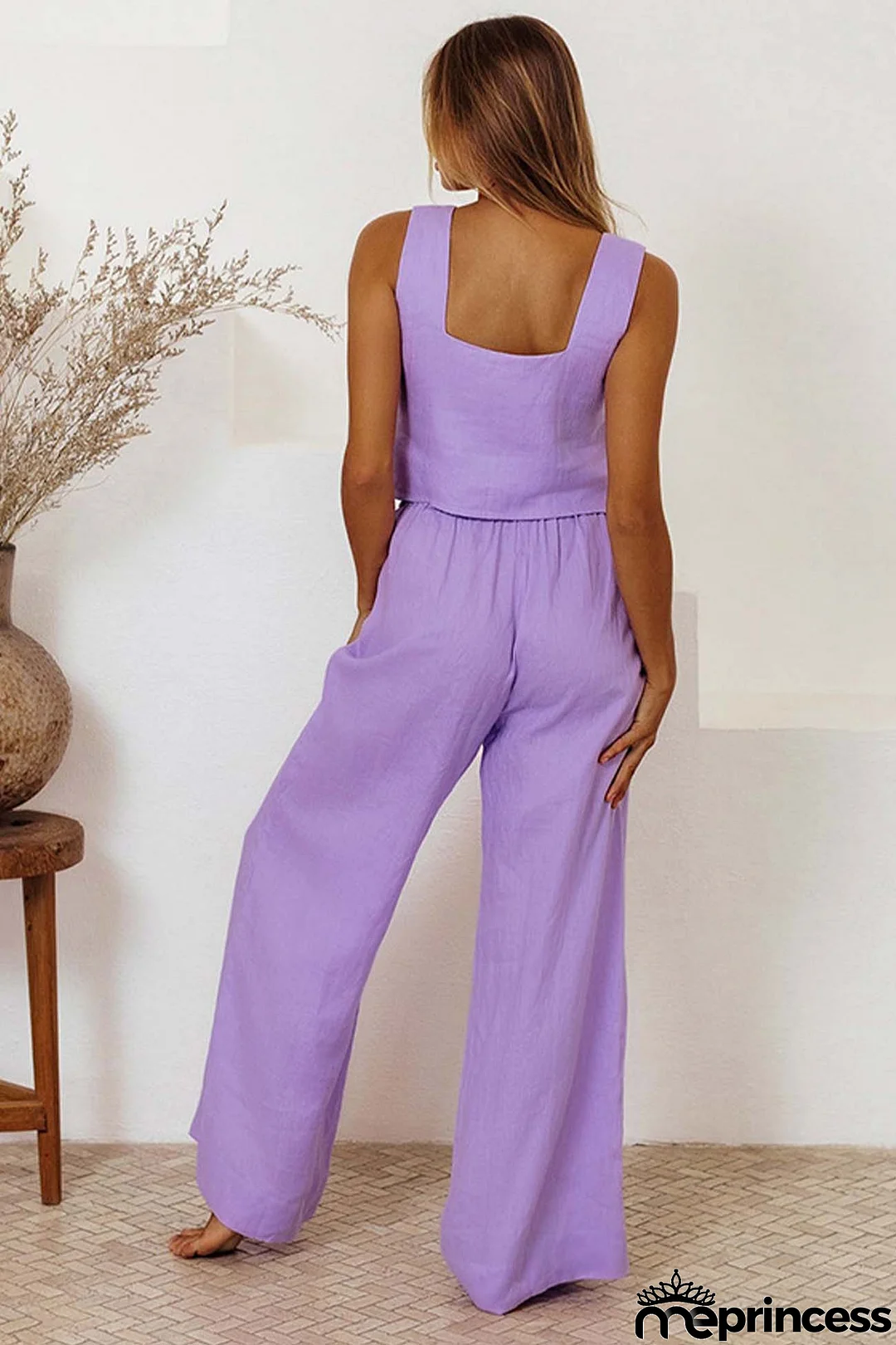 Cotton Waist-Tie Square Neck Pants Set
