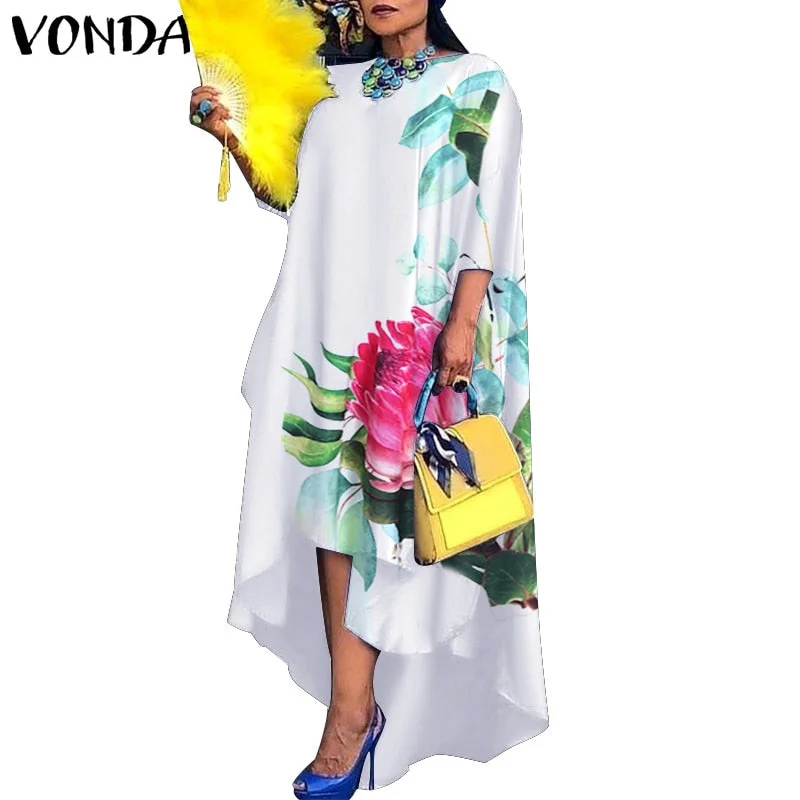 Women Dress 2022 VONDA Vintage Printed Asymmetric Party Long Maxi Dress Femme Robe Beach Sundress Casual Vestido Plus Size Robe