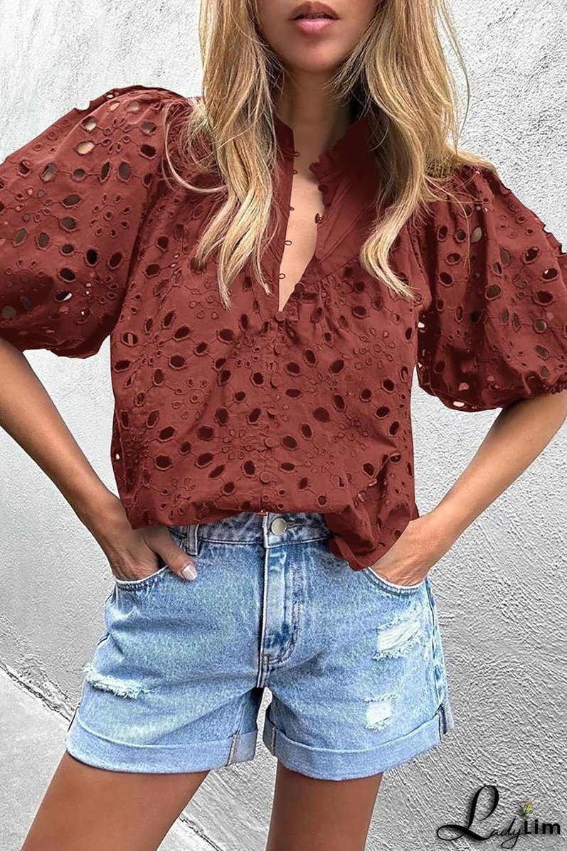 Casual Solid Hollowed Out Buckle Mandarin Collar Tops