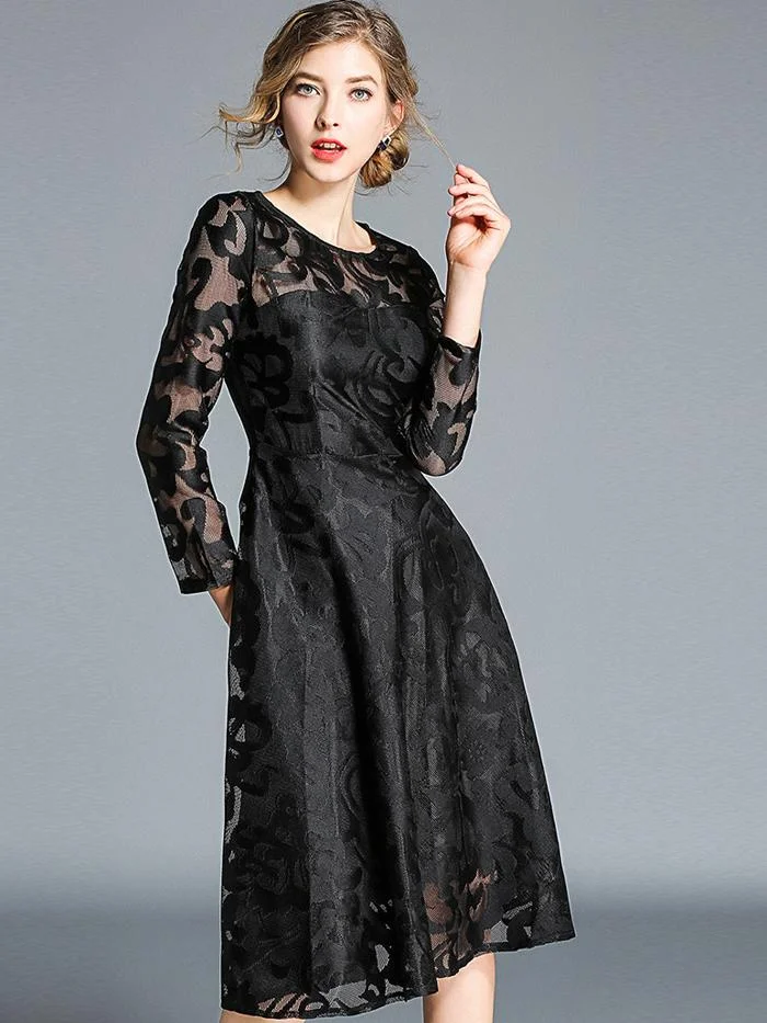 Temperament mid-length lace big swing long-sleeved dress