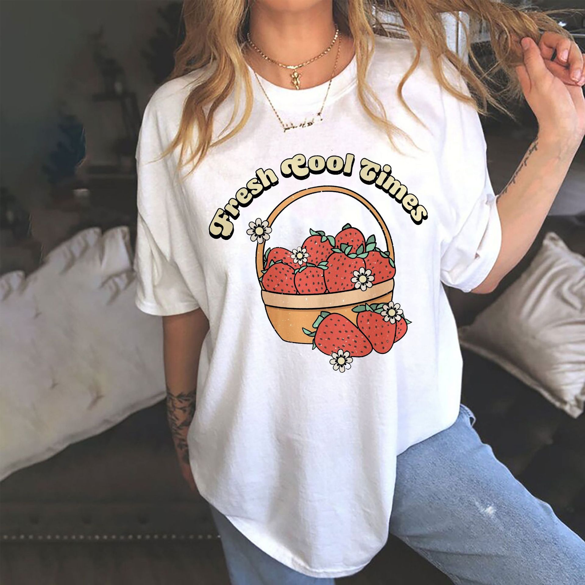 Girl Letter Strawberry Pattern Loose Short Sleeve T-shirt