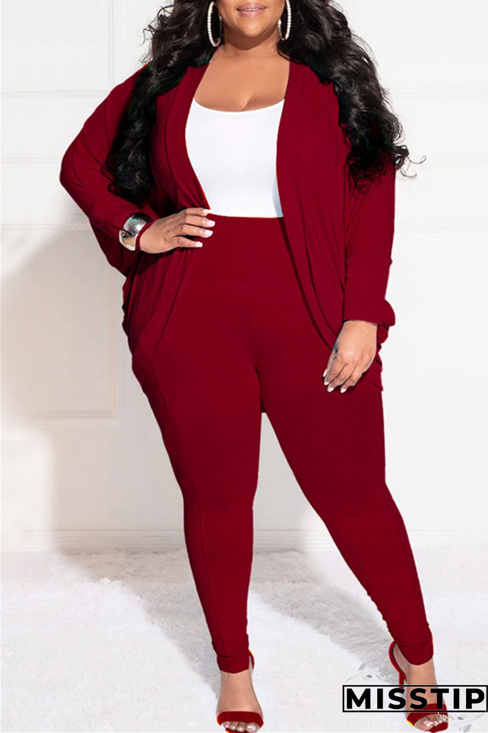Burgundy Casual Solid Cardigan Pants Cardigan Collar Plus Size Two Pieces