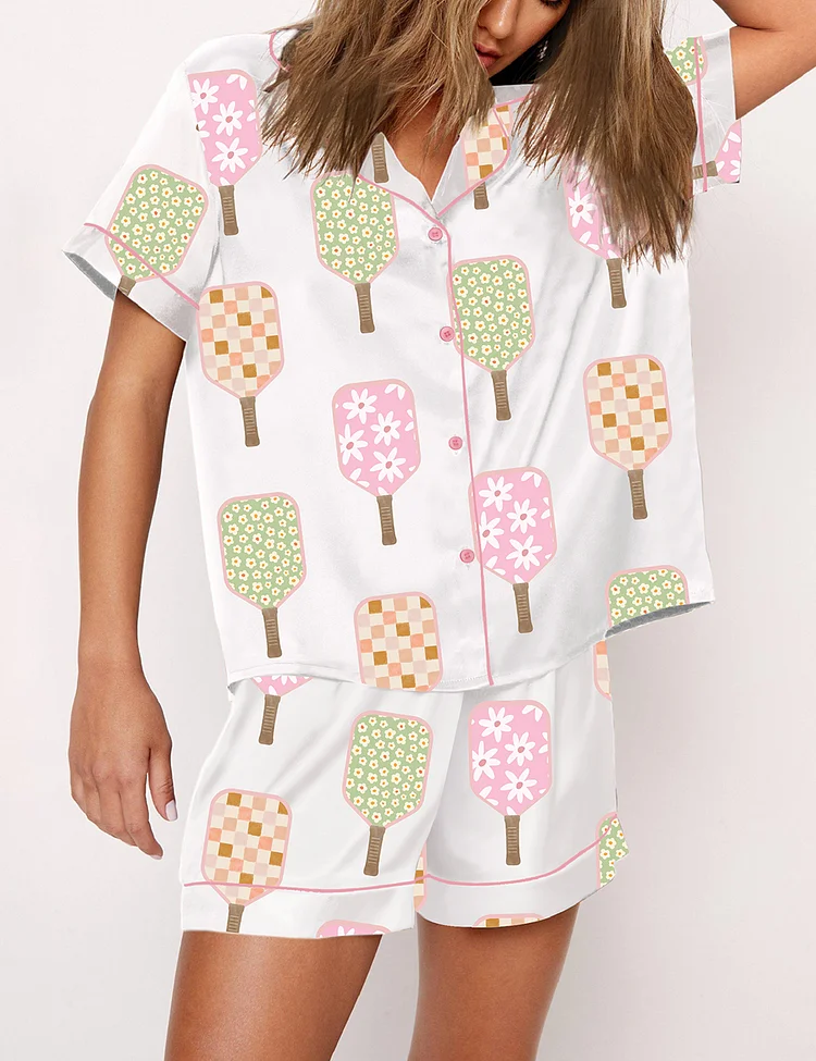 Women&rsquo;s Watercolor Pickleball Paddles Pickleball Social Club Print Short Sleeve Satin Pajama Set