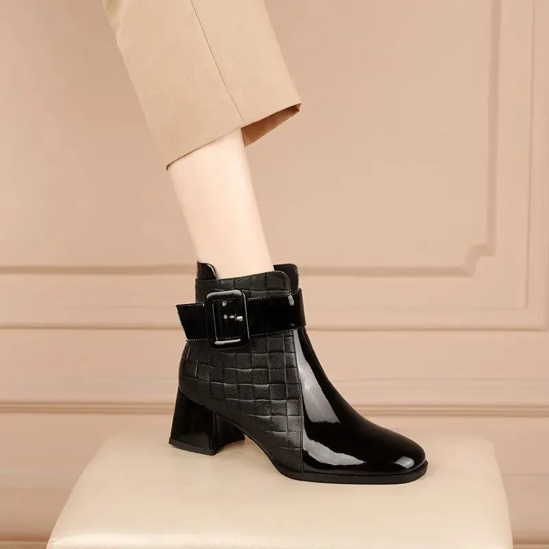 FHANCHU British Syle Women Short Boots,2021 New Patent Leather Winter Shoes,Ankle Botas,Pointed Toe,Black,Coffe,Dropshipping