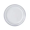 10 Pack | 6" Très Chic Silver Rim White Plastic Dessert Appetizer Plates, Disposable Salad Plates
