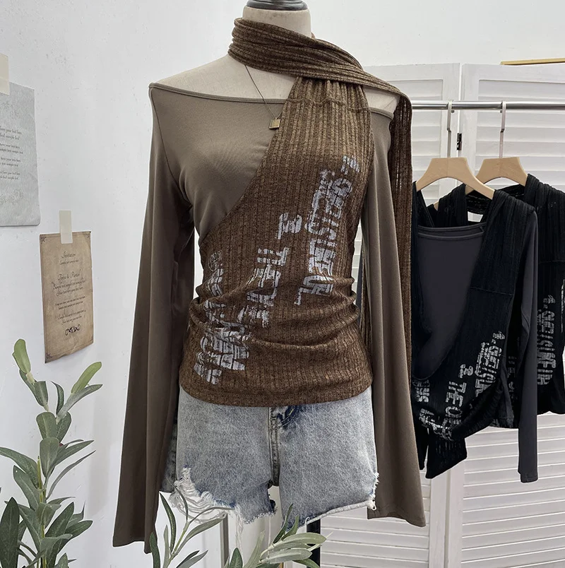 Nigikala Nigikala Hottie Side Hanging Neck Scarf Print Knitted Top Design Embody T-Shirt 2786