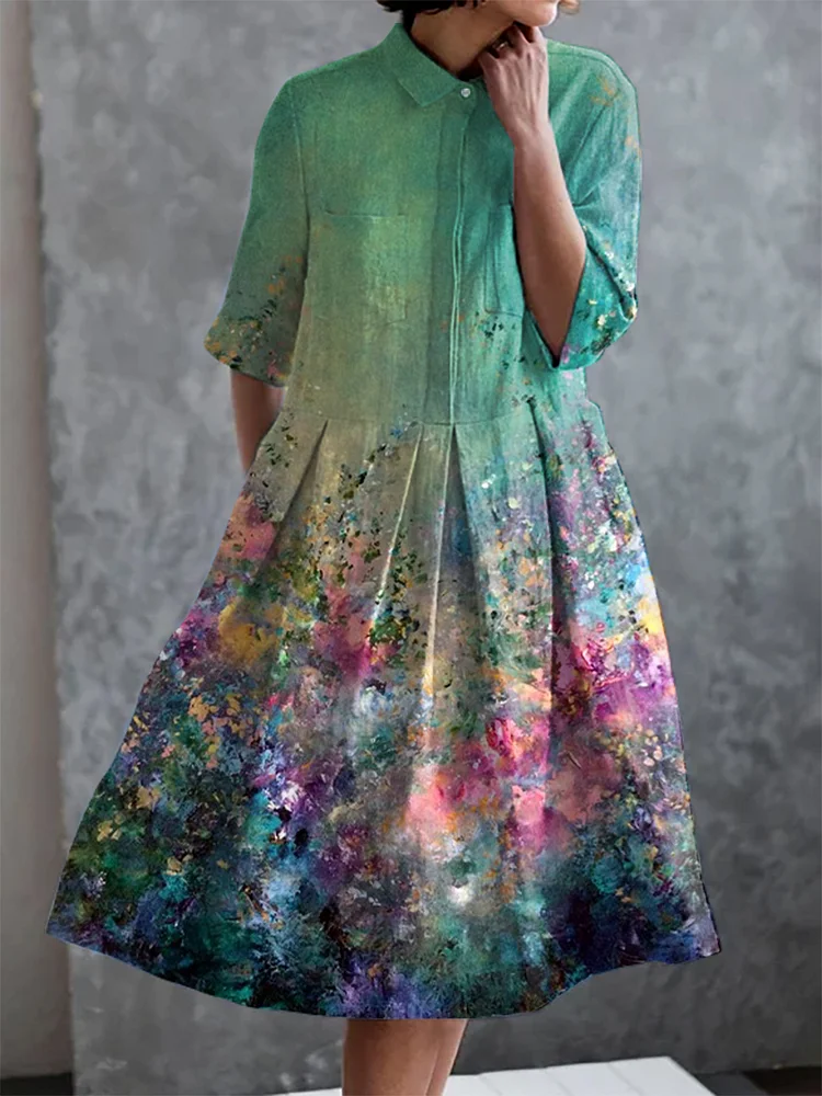 Vintage Floral Art Print Casual Elegant Pocket Half Sleeve Dress