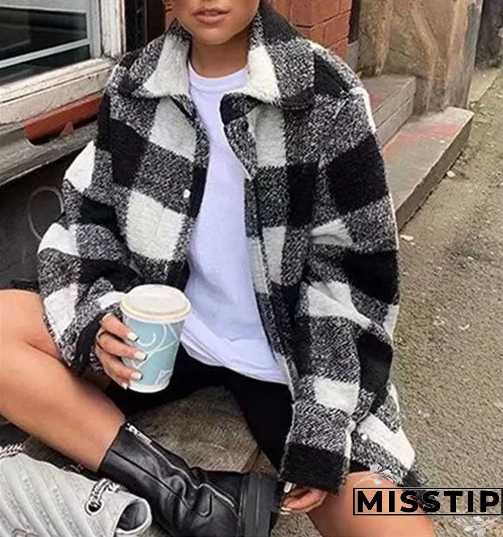 Classic Thick Colorblock Checked Button Down Shirt Jacket Woolen