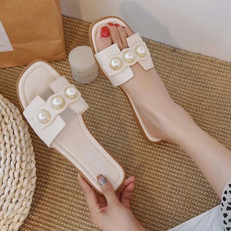 Women Slippers Fashion Pearl Design Elegant Flat Shoes 2021 Sell Well Korean Version Beige Low Heel Ladies Flip Flop Casual