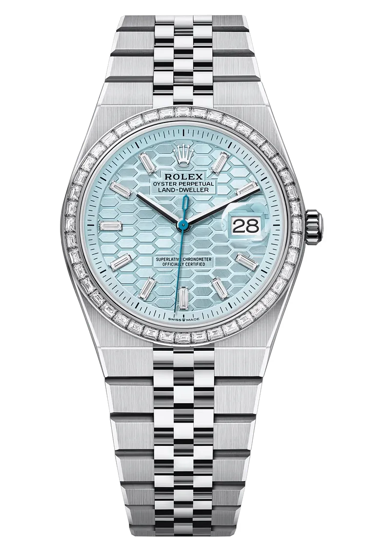 Rolex Land-Dweller 36mm Platinum Fluted Bezel Ice Blue Honeycomb-Motif Diamond Baguette Dial Flat Jubilee - 127286TBR - New 2025【Free Shipping】