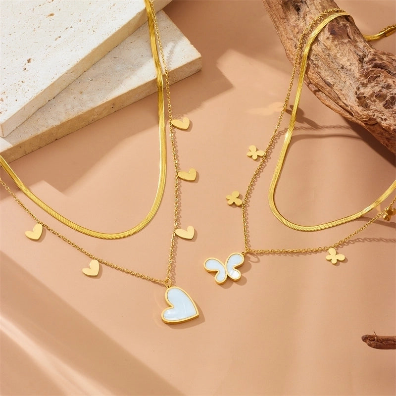 Elegant Heart Shape Butterfly 304 Stainless Steel 18K Gold Plated Double Layer Necklaces