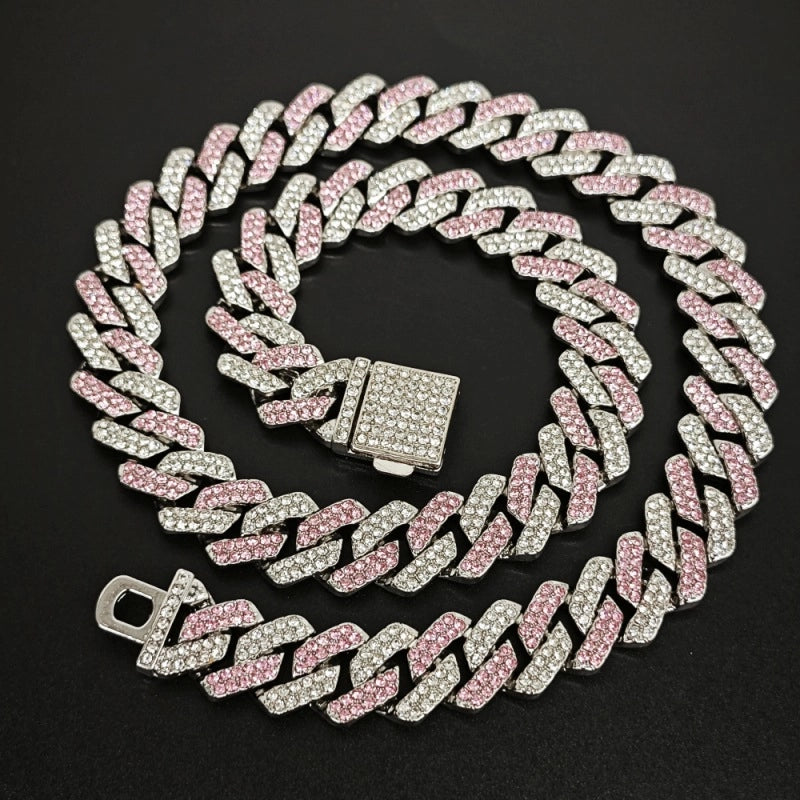 Qianshimei New 14mm Encryption Color Half Blue Half Pink Dragon Beard Buckle Flip Rhombus Cuban Chain Hip Hop Necklace