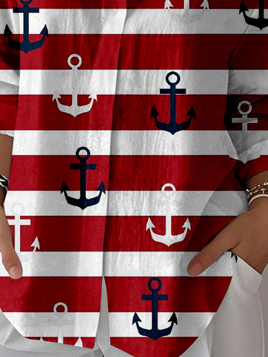 Women 3/4 Sleeve Shirt Collar National Flag Striped Printed Graphic Button Tops