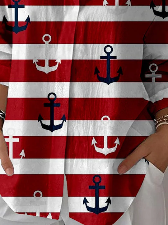 Women 3/4 Sleeve Shirt Collar National Flag Striped Printed Graphic Button Tops