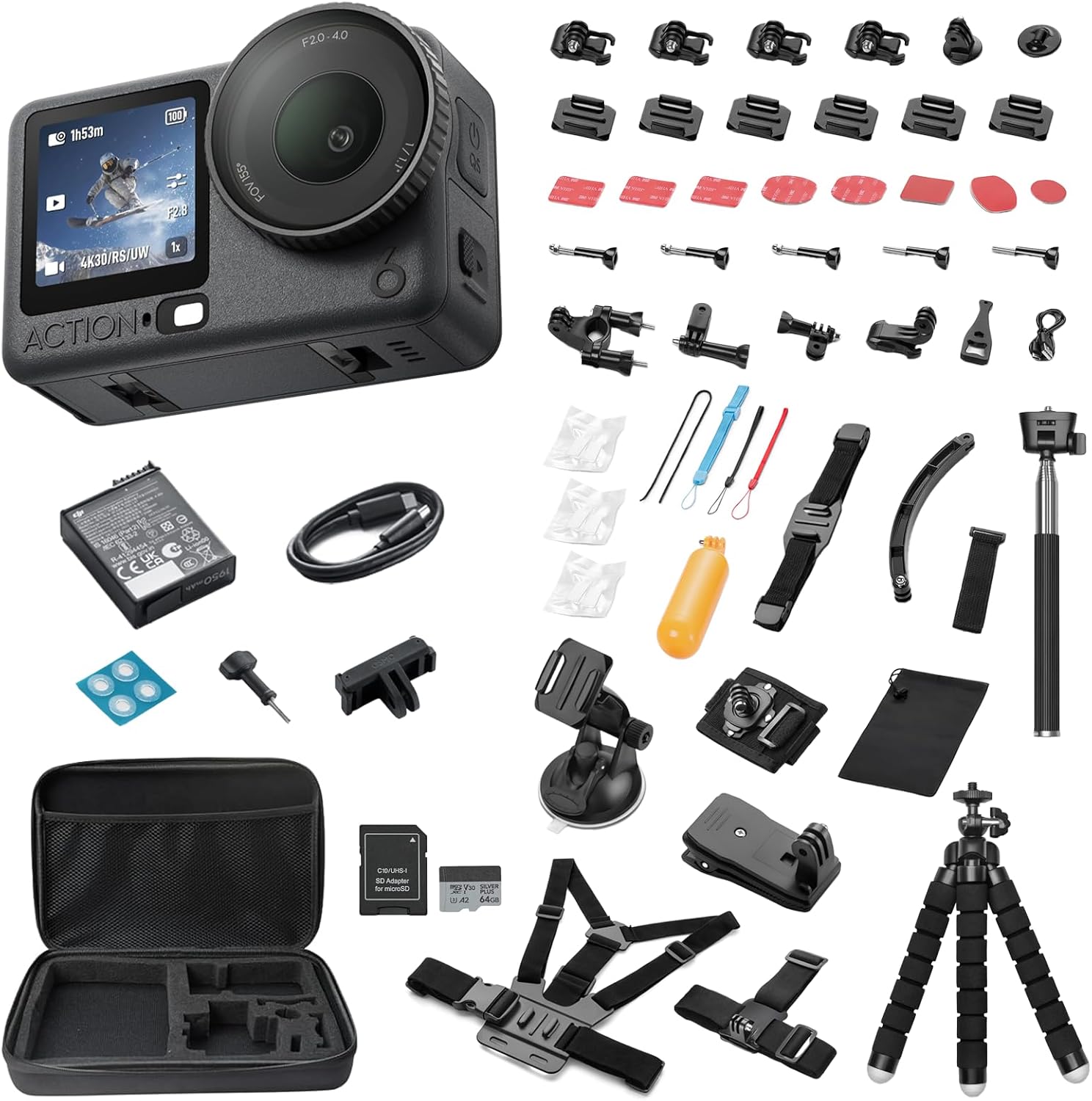DJI Osmo Action 6 8K Waterproof Action Camera Bundle, 1/1.1" Square Sensor, Variable Aperture of f/2.0&ndash;f/4.0, 50GB Built-In Storage, Original Essential Combo + 58 Piece Accessory Kit + Extra 64GB Card