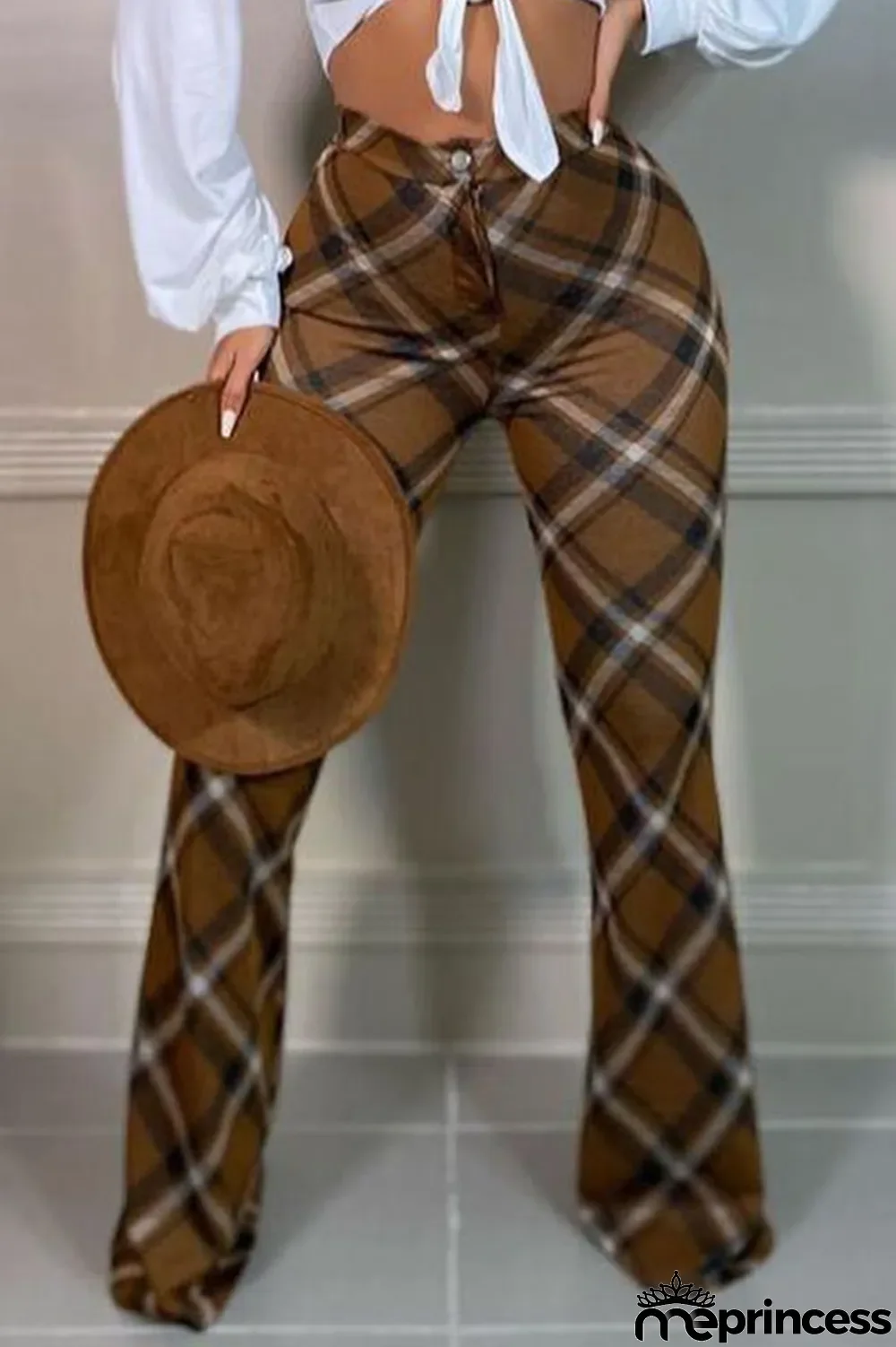 Yellow Casual Plaid Print Patchwork Straight High Waist Straight Full Print Bottoms