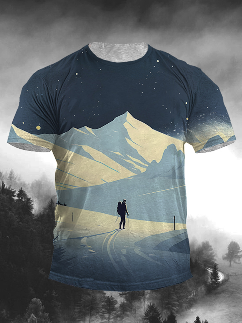Men's Starry Sky Snow Hiking Print Casual Short Sleeve T-shirt
