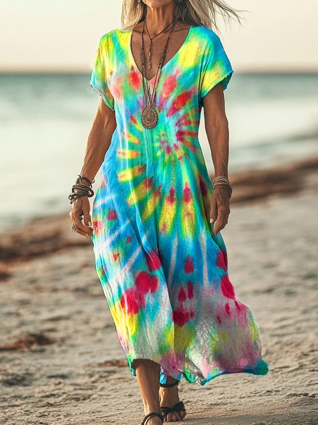 Women's Trippy Tie Dye Print Pocket Cotton Dress