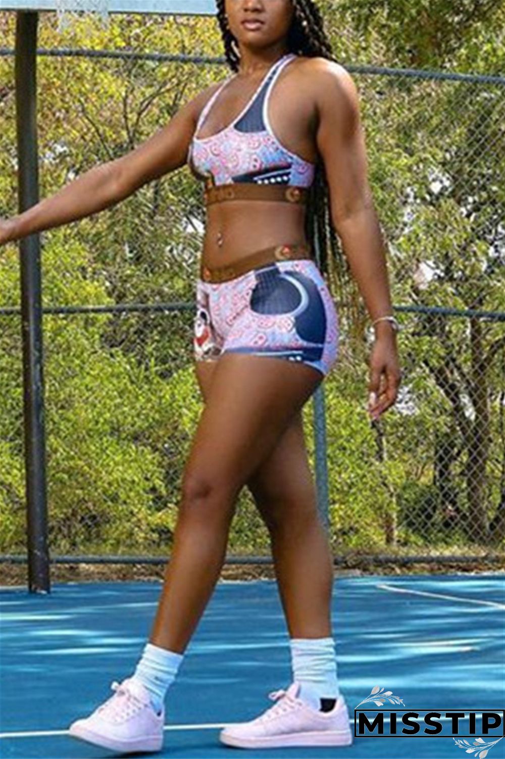 Blue Fashion Sportswear Sleeveless U Neck Tank Short Two Pieces