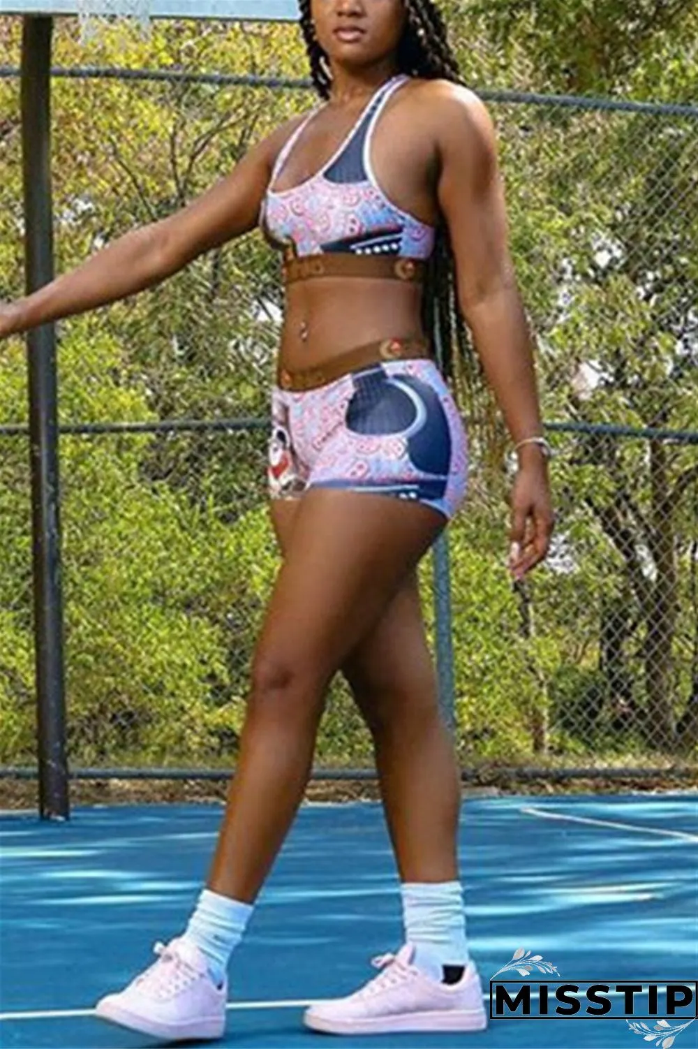Blue Fashion Sportswear Sleeveless U Neck Tank Short Two Pieces