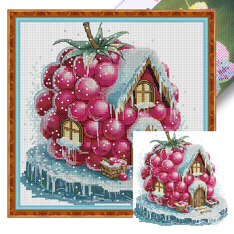 Joy Sunday- Raspberry hut- 14CT - 2 Strands Threads Printed Cross Stitch - 22*22cm(Canvas)