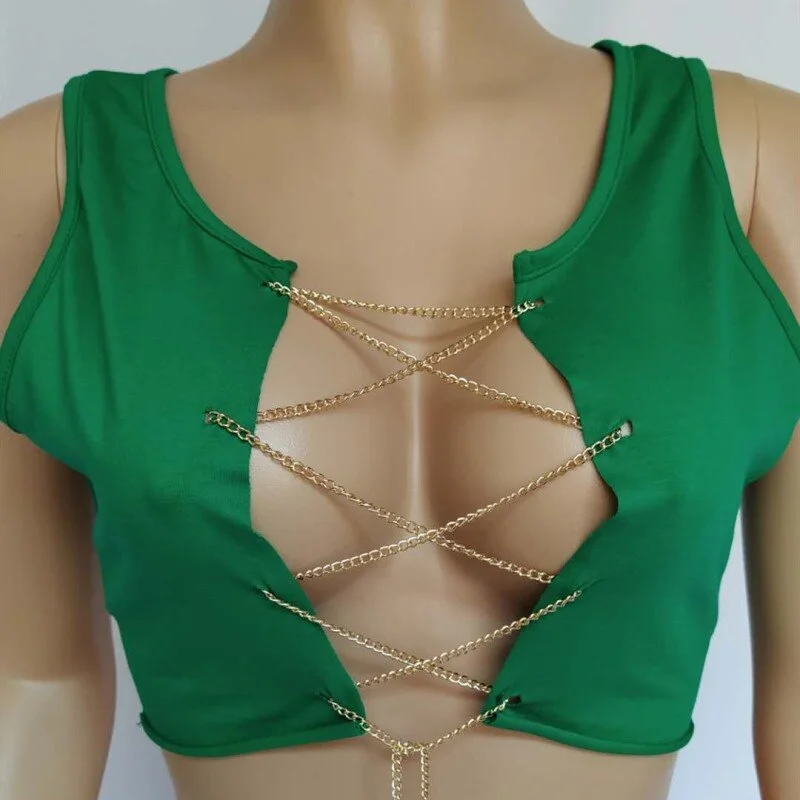 Red Black White Metal Chain Sleeveless Crop Top Sexy Clubwear Women Adjustable Lace Up Hollow Out Tank Tops Tees Camisole