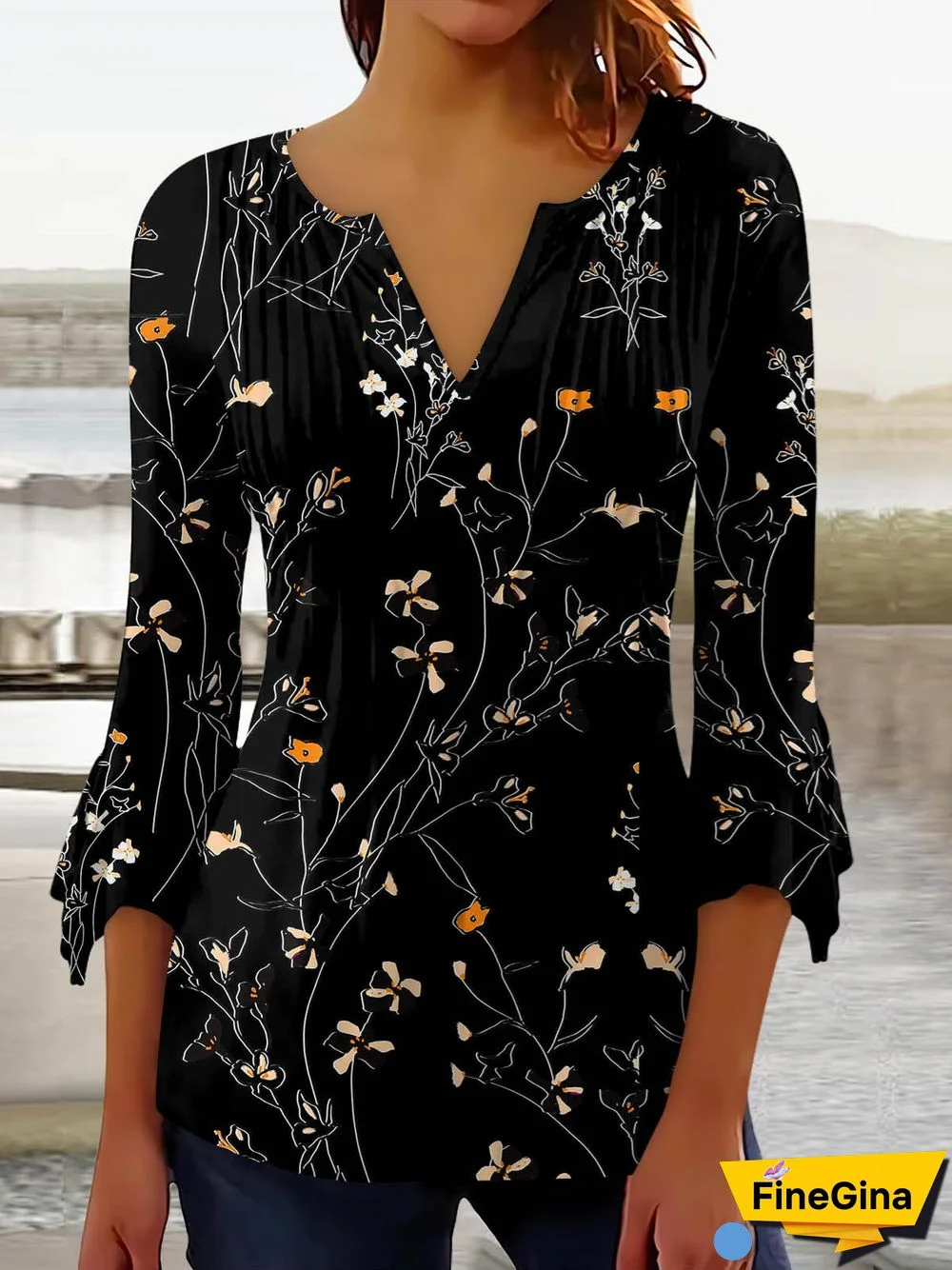 Women's Graphic Pattern Solid Color V-Neck 3/4 Sleeve Top