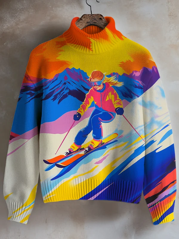 Women's Ski Enthusiasts Print High Neck Knit Sweatshirt