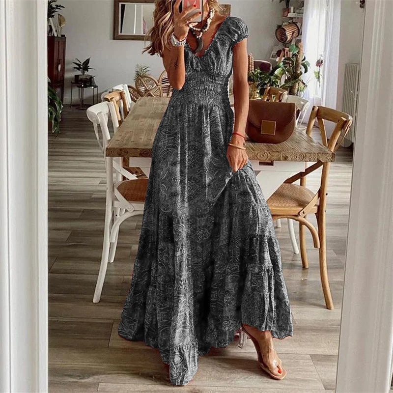 Brownm V-neck Tight Waist Floral Large Dresses