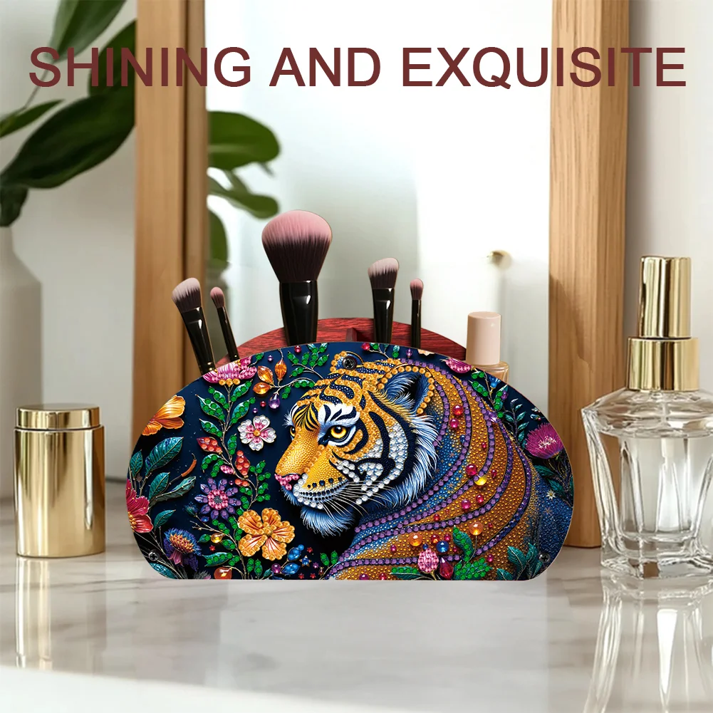 DIY Gem Tiger Design Wooden Diamond Painting Makeup Brush Storage Box Organizer