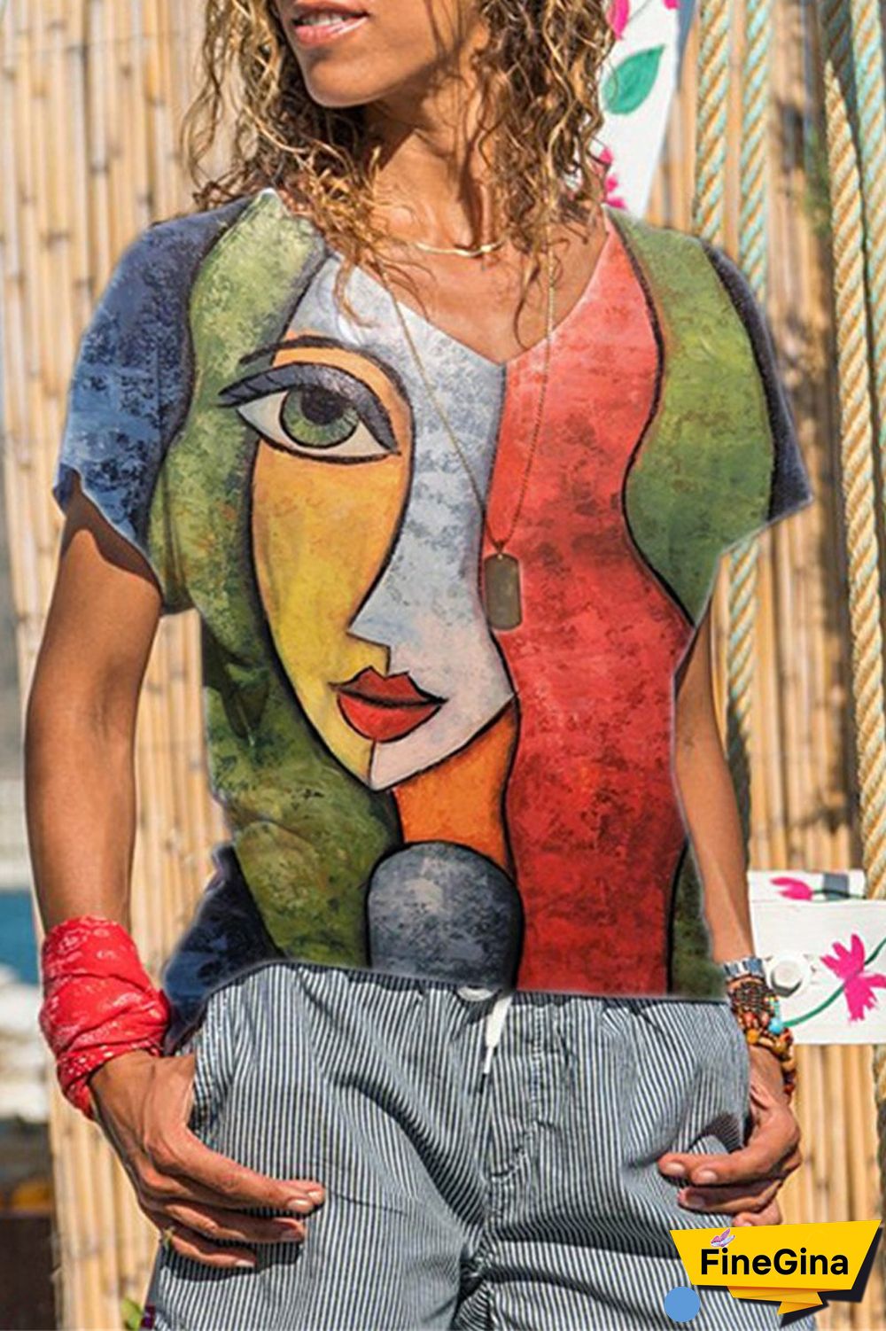 Character Print V-Neck Casual T-Shirt