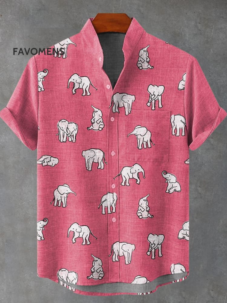 Decorative Pattern Of White Elephants On Pink Background Casual 100% Cotton Shirt Multicolor / S