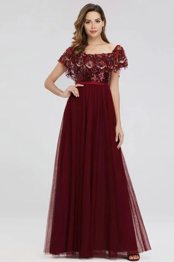 Burgundy Off-the-Shoulder Sequins Prom Dress Long Evening Gowns With ...