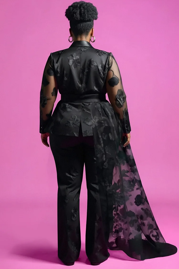 Xpluswear Design Plus Size Formal Black Lapel Collar Long Sleeve See Through Elegant Lace With Skirt Overlay Two Piece Pant Suits [Pre-Order]