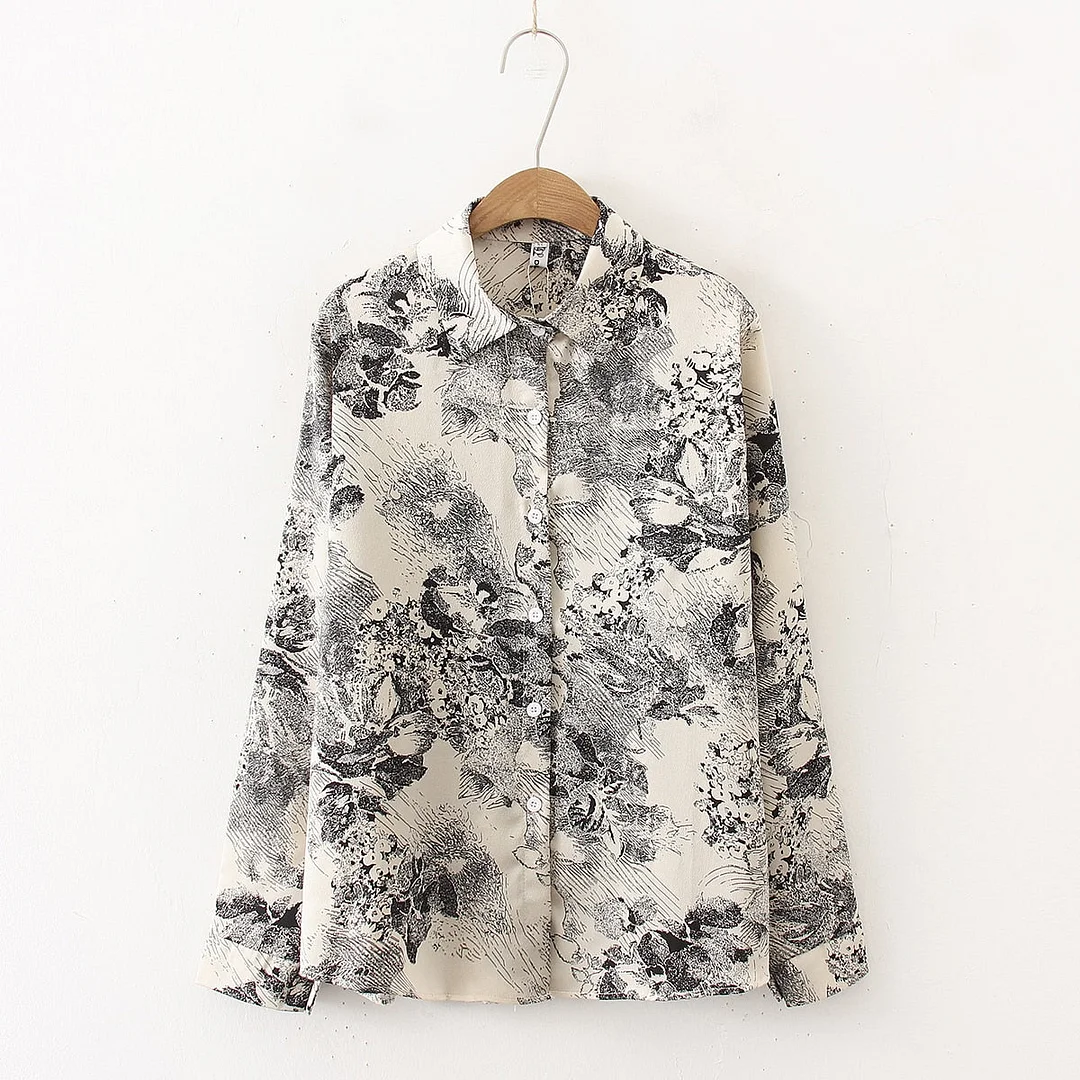 Spring New Women Vintage Ink painting Print Chiffon Blouse Full Sleeve Button Up Loose Shirt Autumn Casual BF Style Tops T11612F